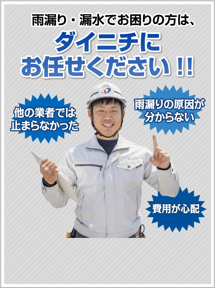 雨漏り・漏水でお困りの方は、ダイニチにお任せください!! 雨漏りの原因が
          分からない 費用が心配 他の業者では
          止まらなかった 実績が物語るダイニチの防水・止水技術！
          どんな水も必ず止めてみせます！！