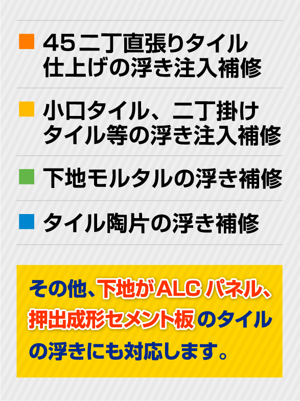 45二丁直張りタイル仕上げの浮き注入補修
                小口タイル、二丁掛けタイル等の浮き注入補修
                下地モルタルの浮き補修
                タイル陶片の浮き補修
                その他、下地がALCパネル、押出成形セメント板のタイルの浮きにも対応します。