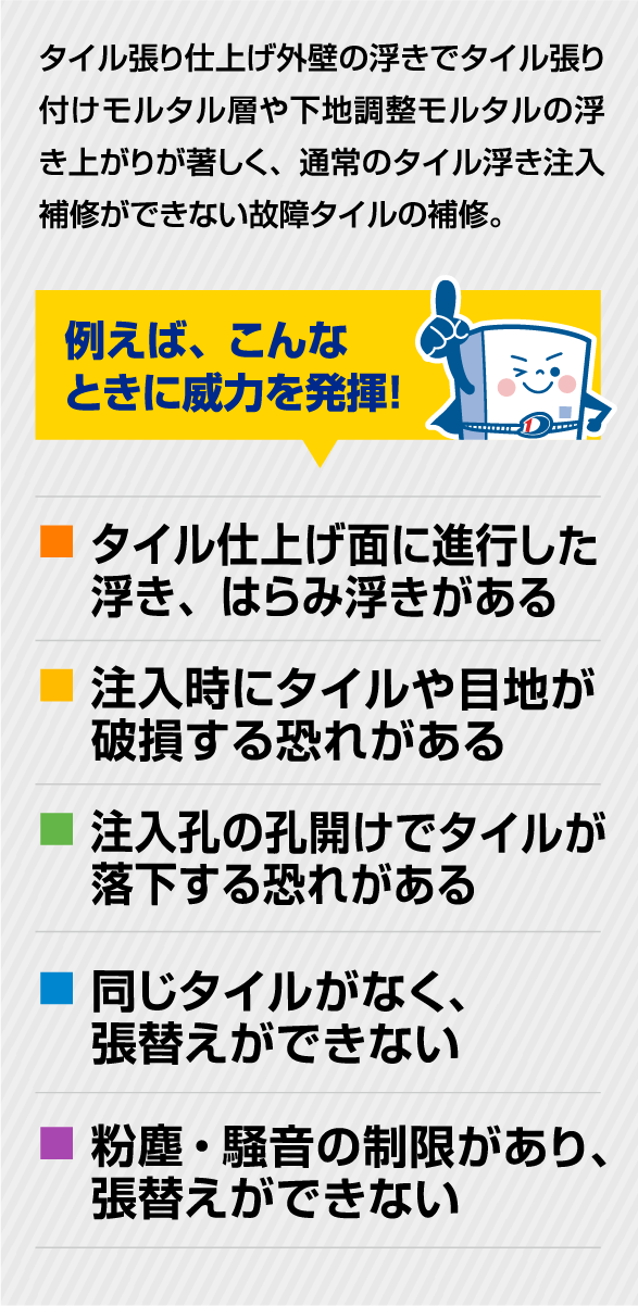 タイル張り仕上げ外壁の浮きでタイル張り付けモルタル層や下地調整モルタルの浮き上がりが著しく、通常のタイル浮き注入補修ができない故障タイルの補修。
                例えば、こんなときに威力を発揮！
                タイル仕上げ面に進行した浮き、はらみ浮きがある
                注入時にタイルや目地が破損する恐れがある
                注入孔の孔開けでタイルが落下する恐れがある
                同じタイルがなく、張替えができない
                粉塵・騒音の制限があり、張替えができない
                