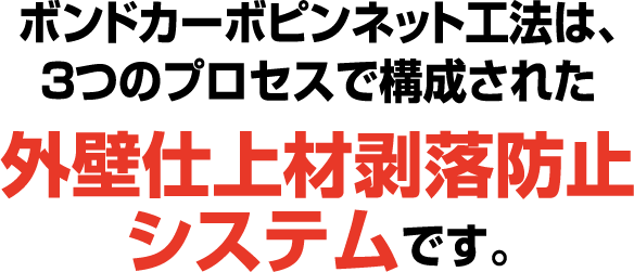 ボンドカーボピンネット工法は、3つのプロセスで構成された外壁仕上材剥落防止システム!です。
                  