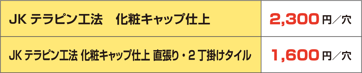 JKテラピン工法 化粧キャップ仕上	2,300円／穴
                  JKテラピン工法 化粧キャップ仕上 直張り・2丁掛けタイル	1,600円／穴