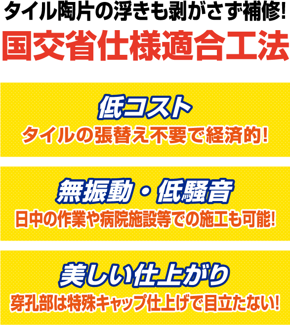 タイル陶片の浮きも剥がさず補修！
                    国交省仕様適合工法
                    低コスト
                    タイルの張替え不要で経済的！
                    無振動・低騒音
                    日中の作業や病院施設等での施工も可能！
                    美しい仕上がり
                    穿孔部は特殊キャップ仕上げで目立たない！